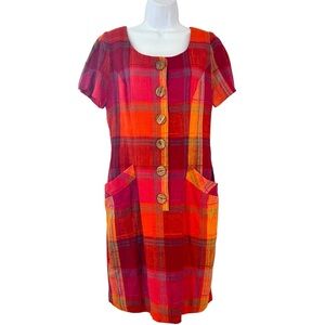 SANTA FE Vintage Linen Blend Plaid Button-Front Midi Dress Size M/L